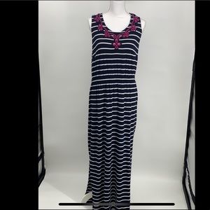 Talbots maxi striped navy blue pink embroidered